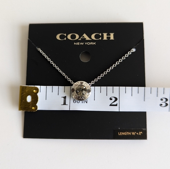 Coach Logo Open Circle Pendant Gray Center Stone Necklace Silver Tone Chain - Picture 3 of 4